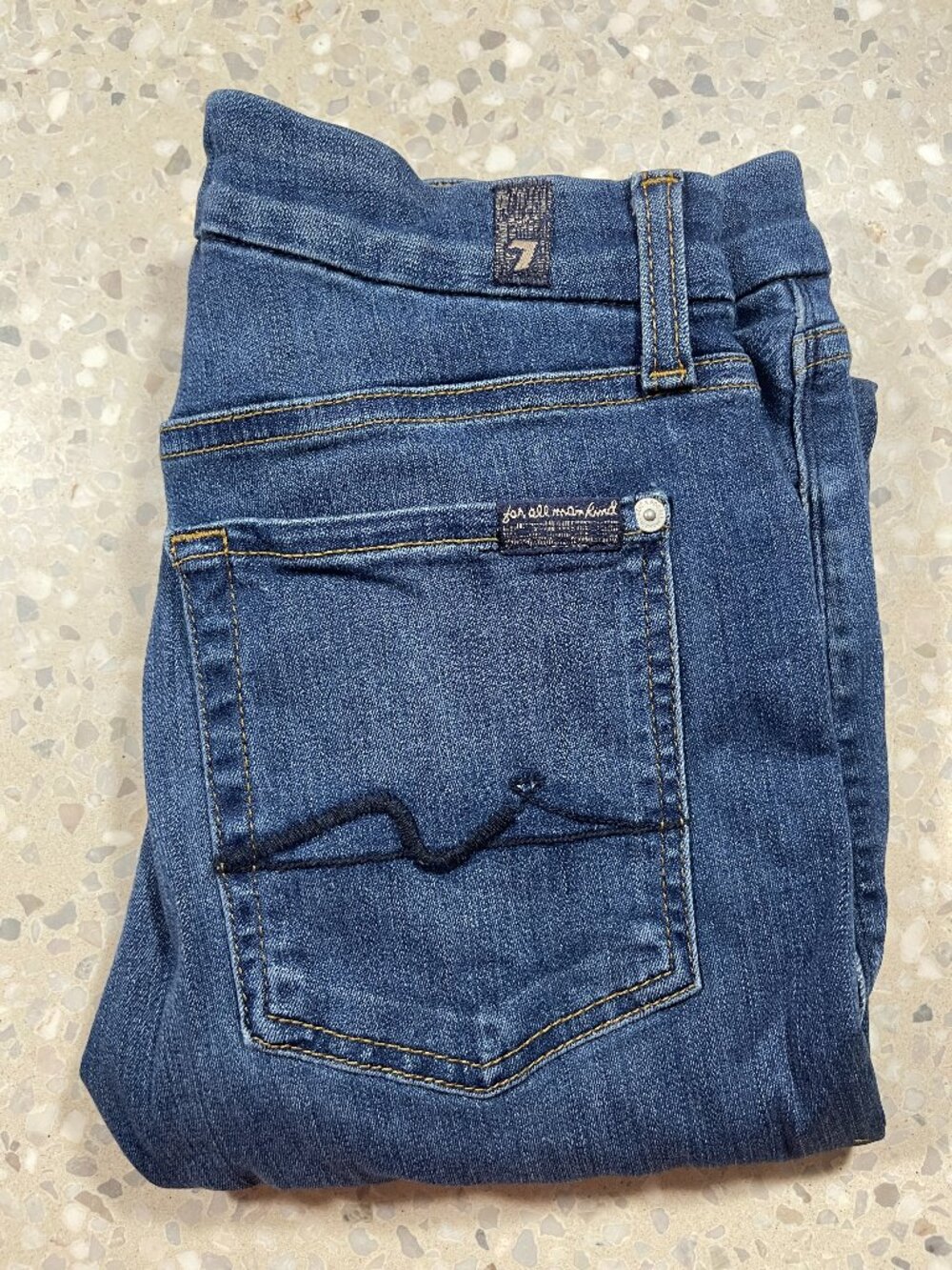 7 For All Mankind Kimmie Medium Indigo Tonal Squiggle Straight Leg Jeans Size 28